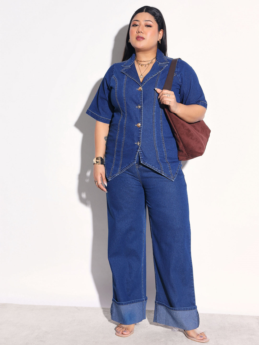Women Navy Denim Collar Top With Bottom Fold Jeans