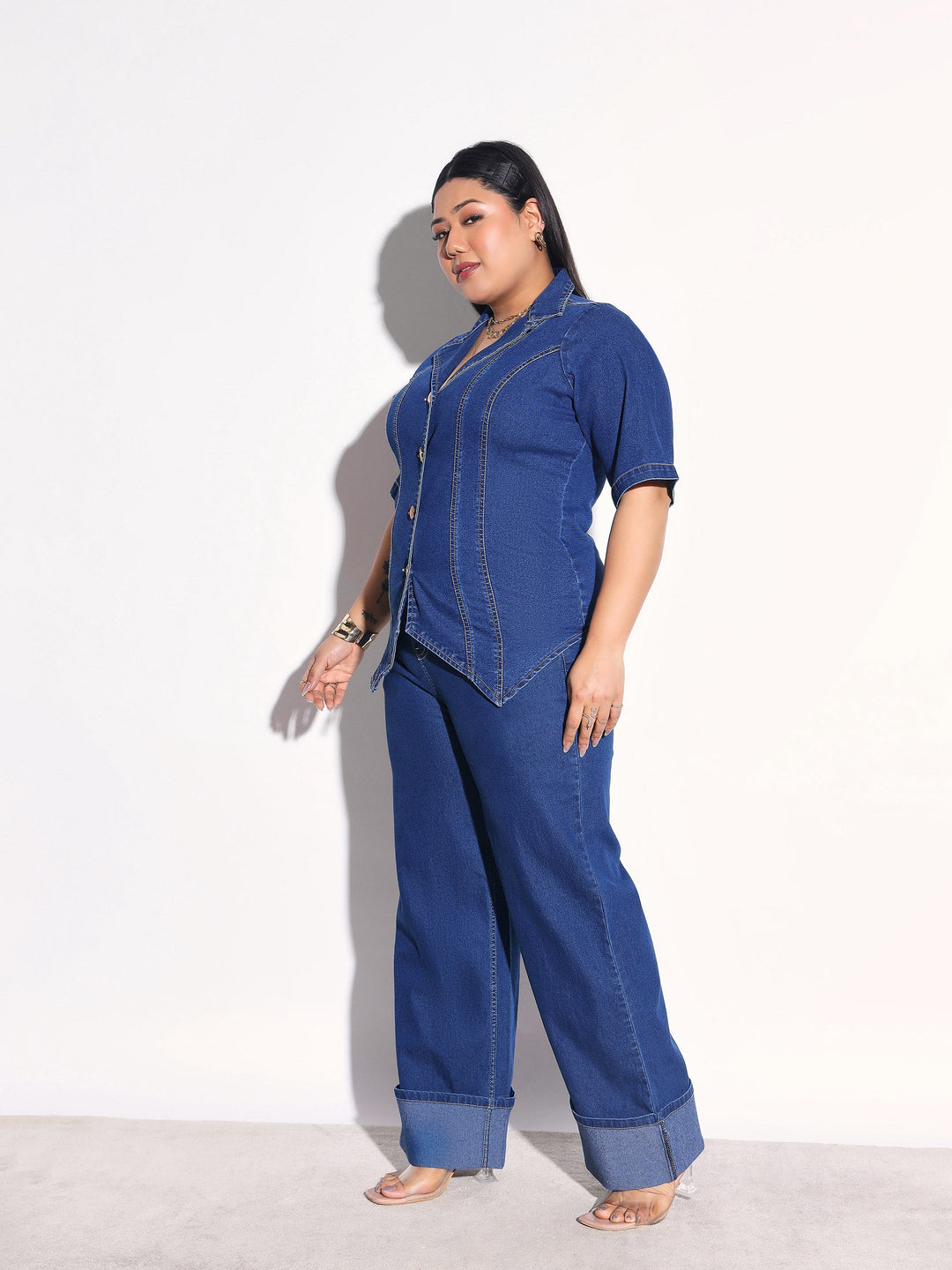 Women Navy Denim Collar Top With Bottom Fold Jeans