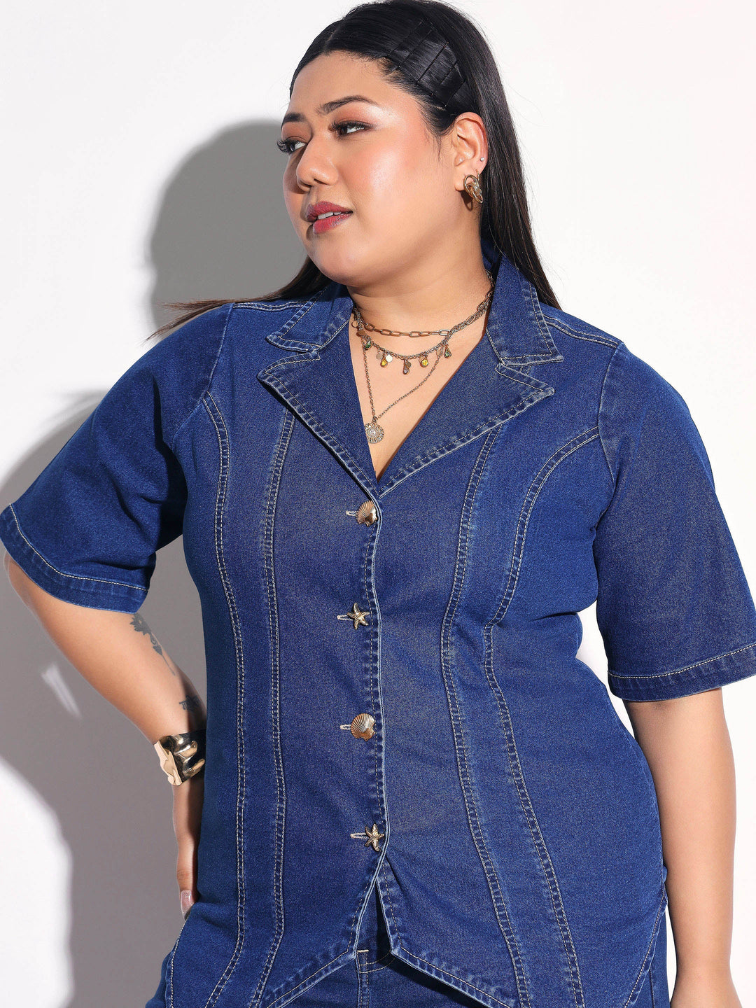 Women Navy Denim Collar Top With Bottom Fold Jeans