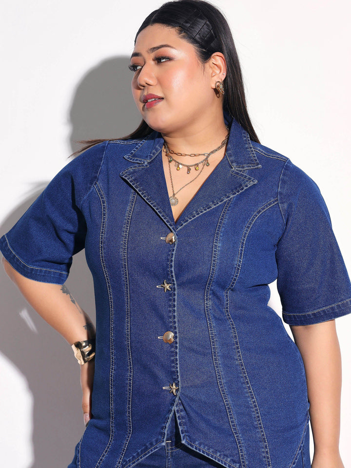 Women Navy Denim Collar Top With Bottom Fold Jeans