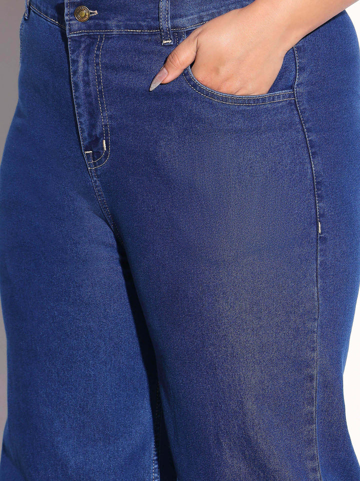 Women Navy Denim Collar Top With Bottom Fold Jeans