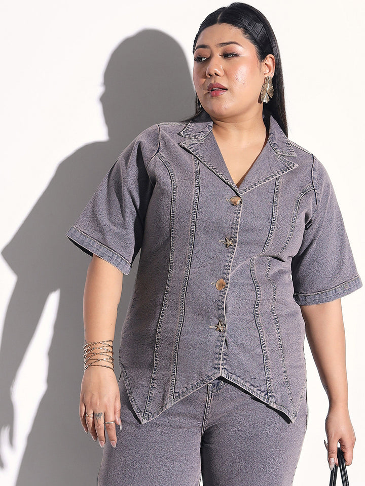 Women Grey Wash Denim Collar Top With Bottom Fold Jeans