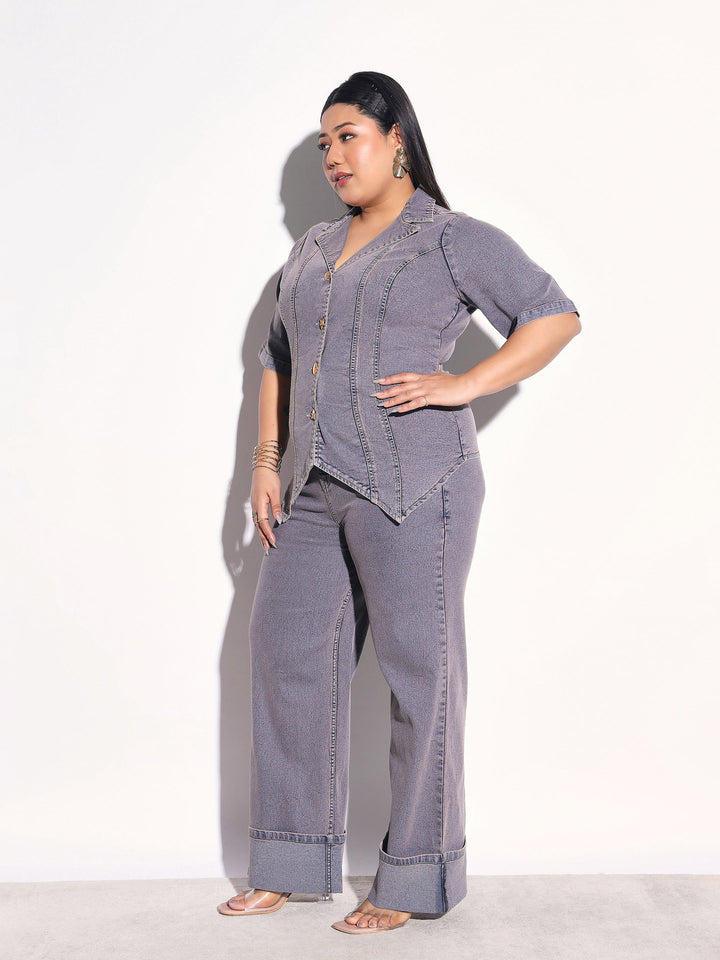 Women Grey Wash Denim Collar Top With Bottom Fold Jeans