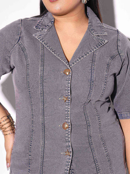 Women Grey Wash Denim Collar Top With Bottom Fold Jeans