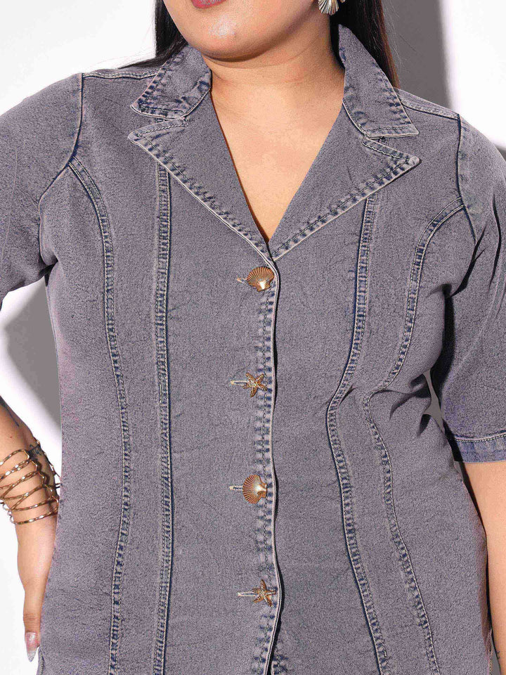 Women Grey Wash Denim Collar Top With Bottom Fold Jeans