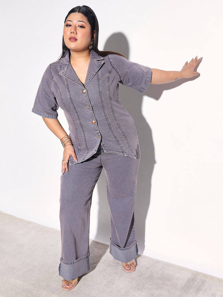 Women Grey Wash Denim Collar Top With Bottom Fold Jeans