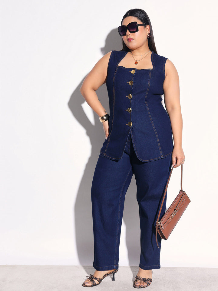 Women Navy Denim Sleeveless Top With Mom Fit Jeans