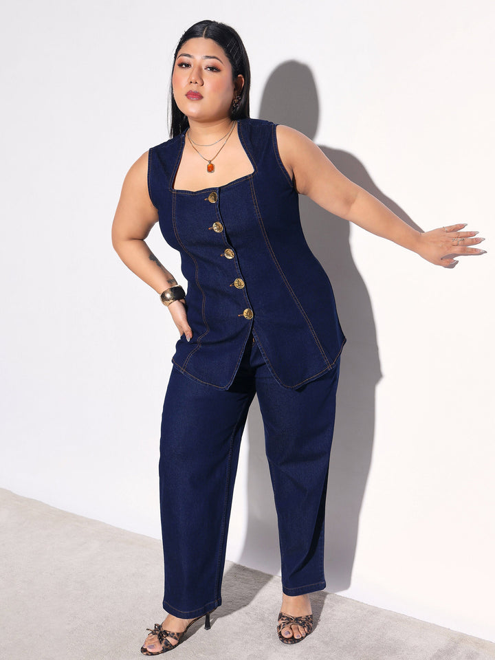 Women Navy Denim Sleeveless Top With Mom Fit Jeans