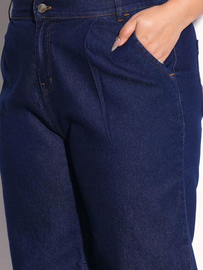 Women Navy Denim Sleeveless Top With Mom Fit Jeans