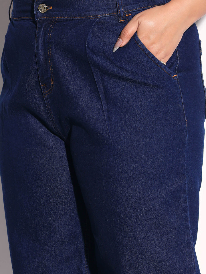 Women Navy Denim Sleeveless Top With Mom Fit Jeans