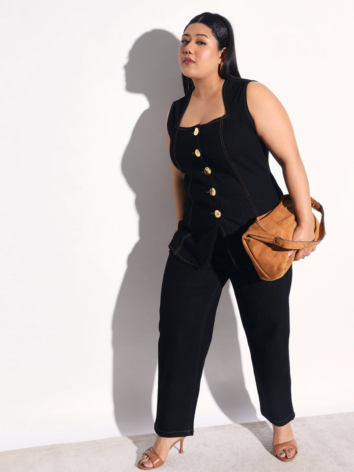 Women Black Denim Sleeveless Top With Mom Fit Jeans