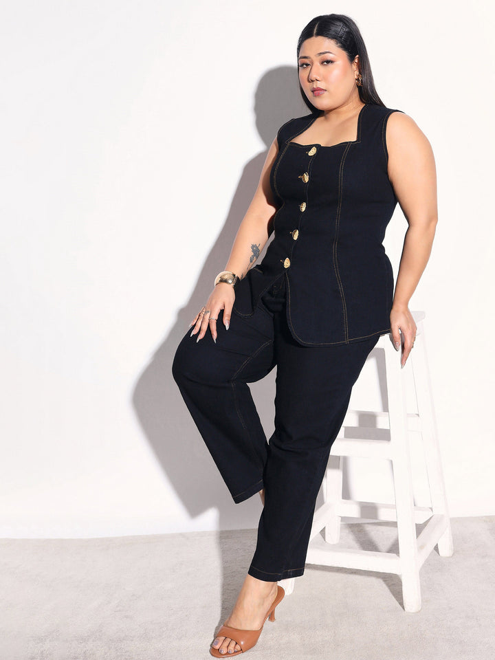 Women Black Denim Sleeveless Top With Mom Fit Jeans