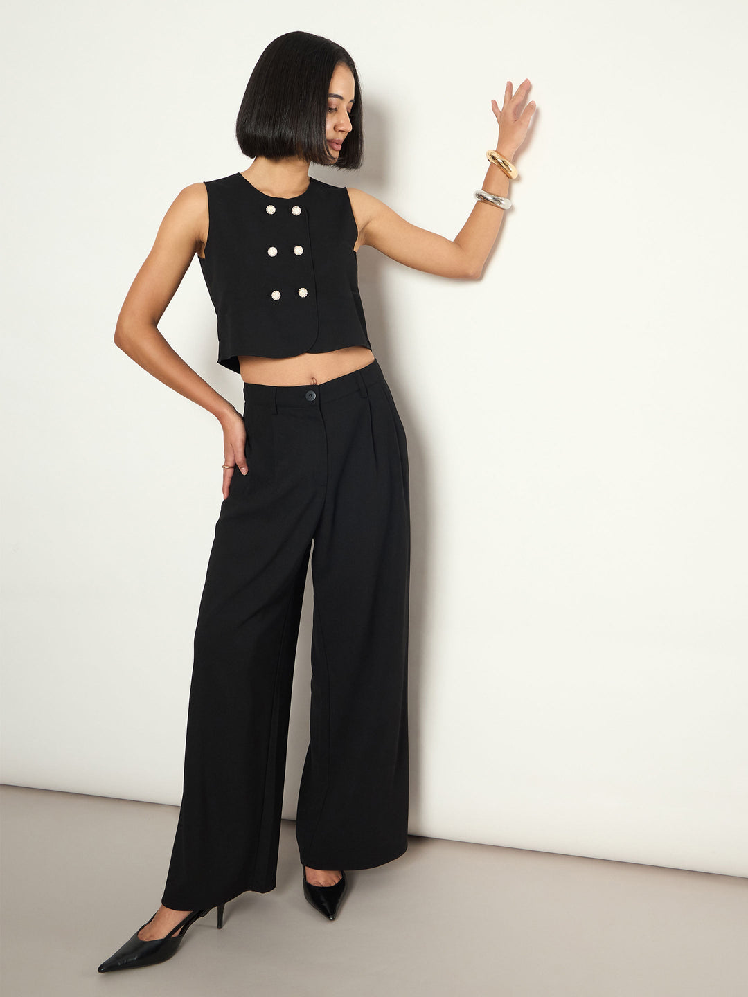Women Black Double Breasted Crop Top With Straight Pants