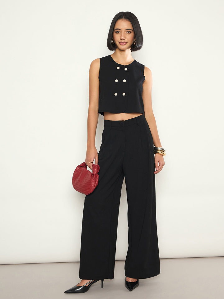 Women Black Double Breasted Crop Top With Straight Pants