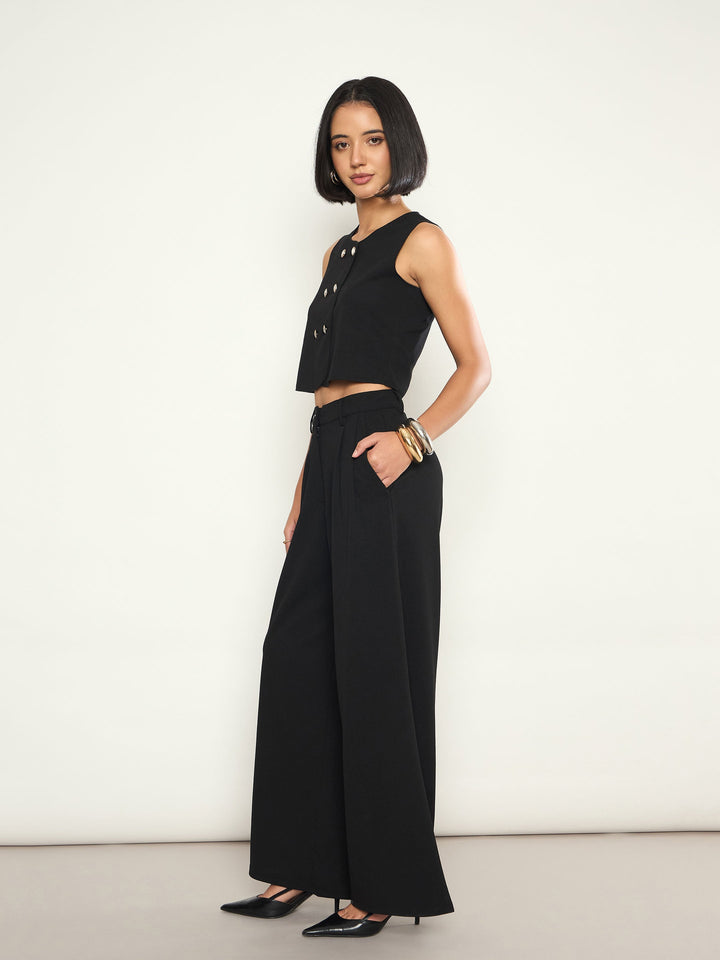 Women Black Double Breasted Crop Top With Straight Pants