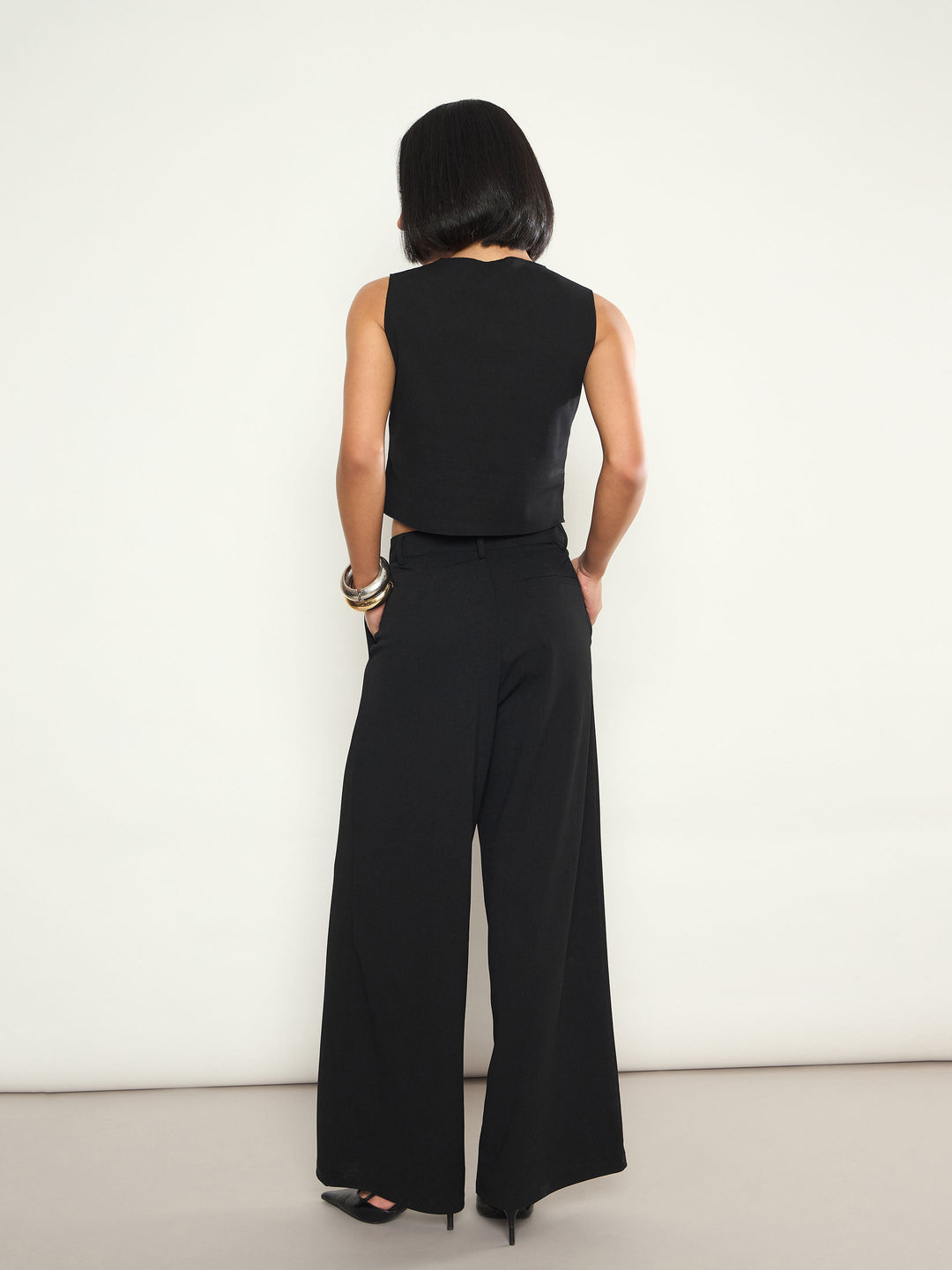 Women Black Double Breasted Crop Top With Straight Pants