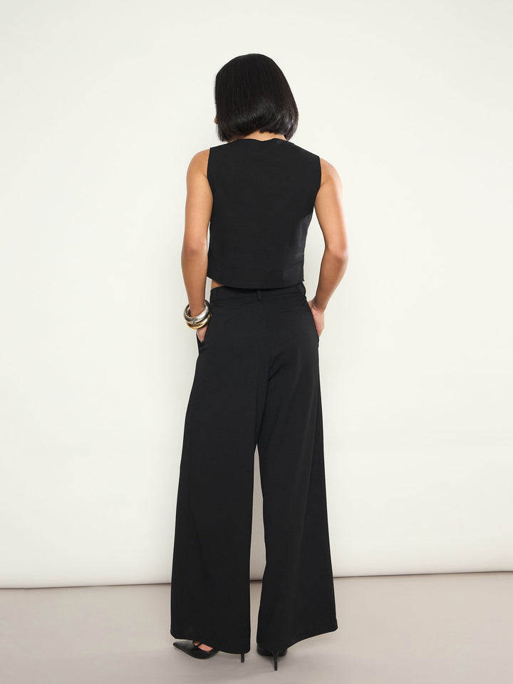 Women Black Double Breasted Crop Top With Straight Pants