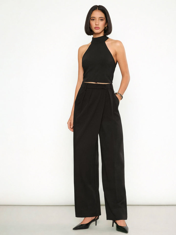 Women Black Halter Neck Top With Wrap Straight Pants