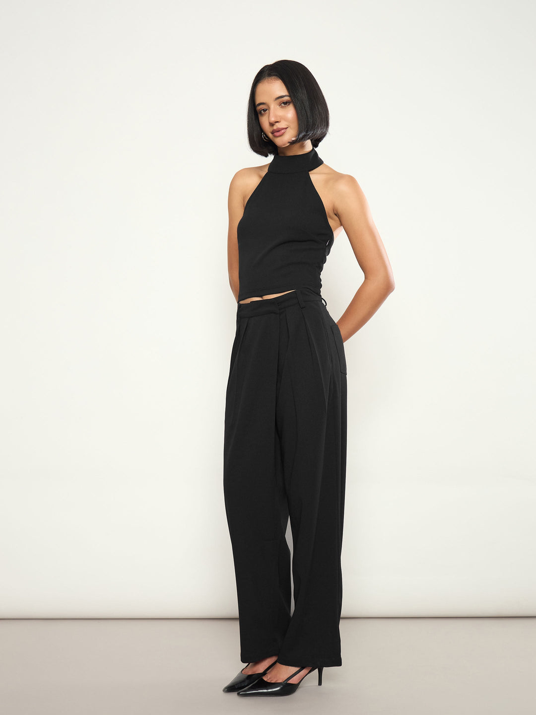 Women Black Halter Neck Top With Wrap Straight Pants
