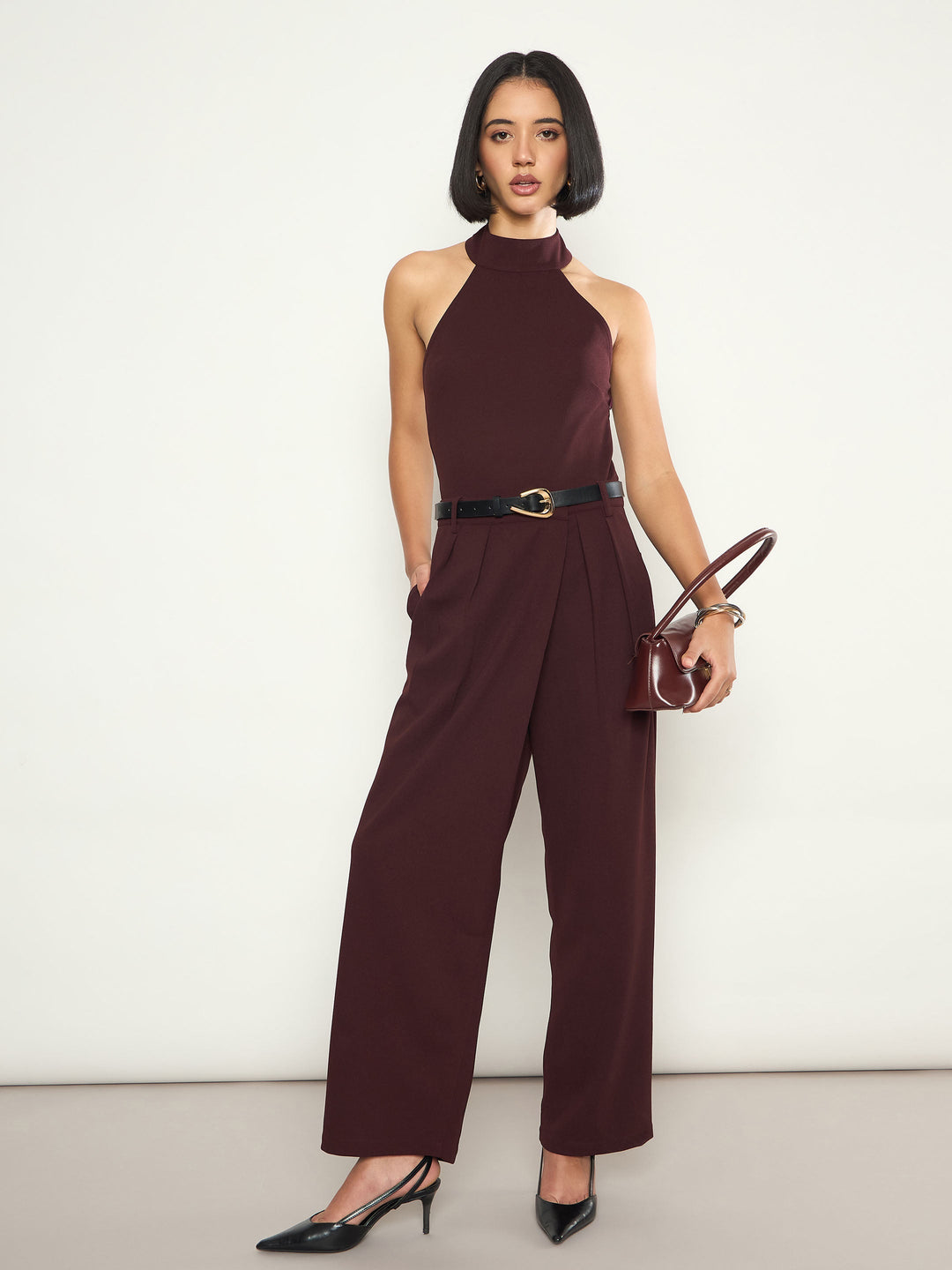 Women Burgundy Halter Neck Top With Wrap Straight Pants