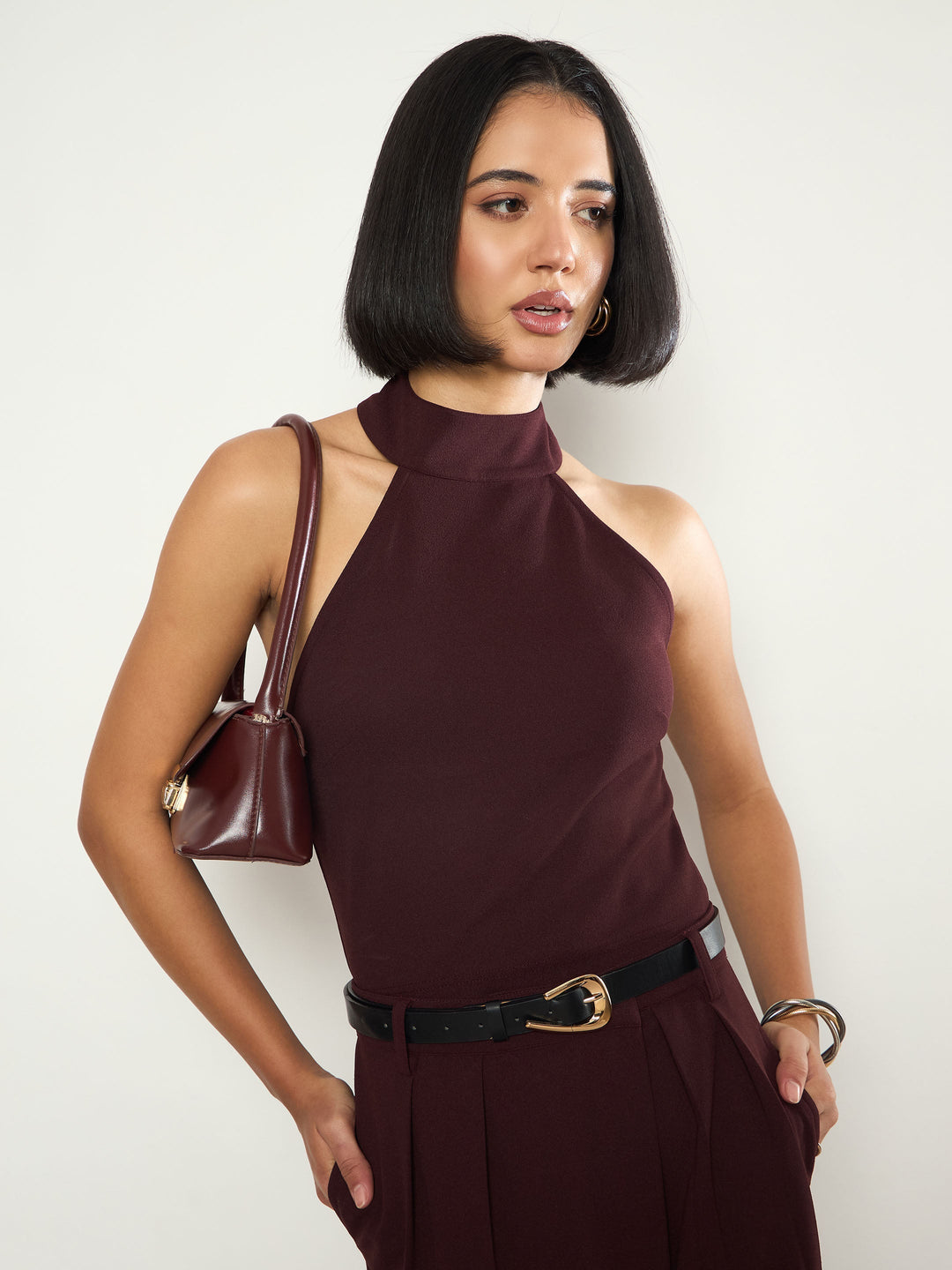 Women Burgundy Halter Neck Top With Wrap Straight Pants