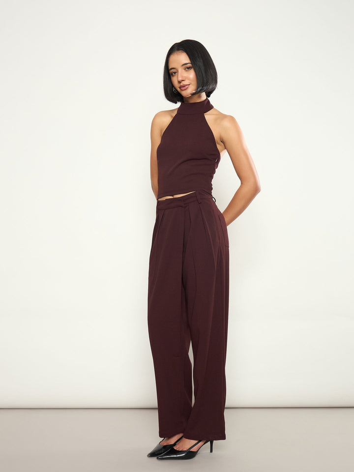 Women Burgundy Halter Neck Top With Wrap Straight Pants