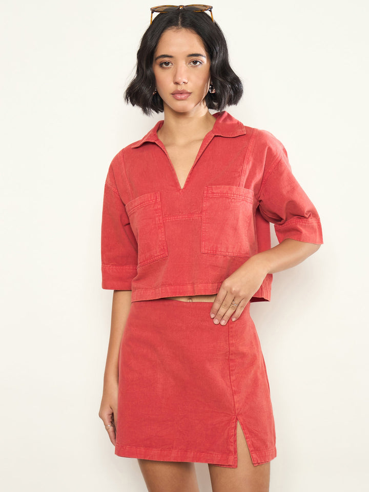 Women Red Overdyed Patch Pocket Crop Top With Skorts