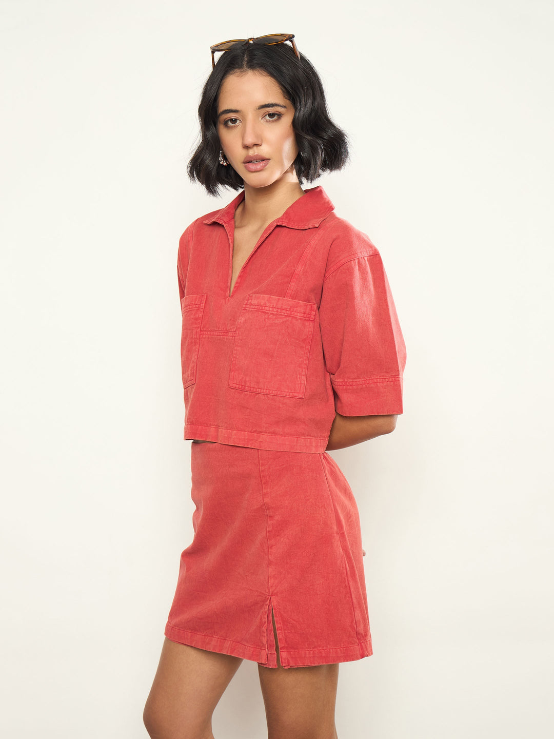 Women Red Overdyed Patch Pocket Crop Top With Skorts