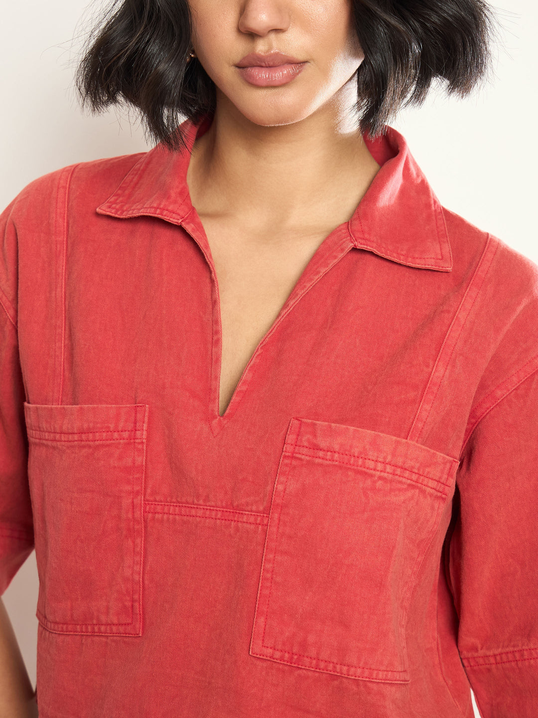 Women Red Overdyed Patch Pocket Crop Top With Skorts