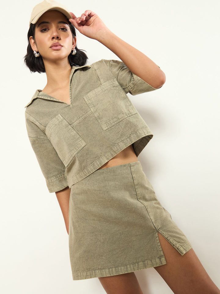 Women Olive Overdyed Patch Pocket Crop Top With Skorts