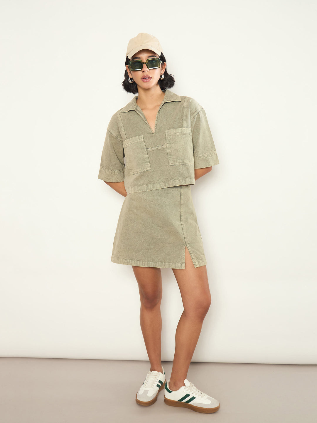 Women Olive Overdyed Patch Pocket Crop Top With Skorts