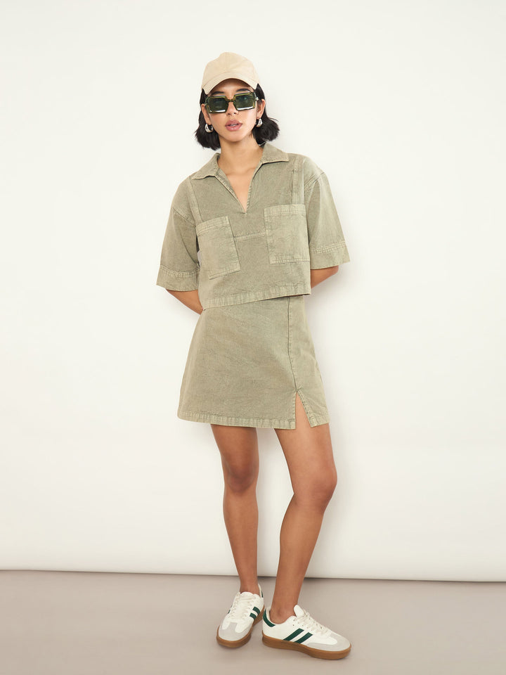 Women Olive Overdyed Patch Pocket Crop Top With Skorts