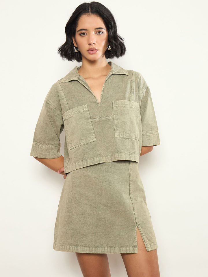 Women Olive Overdyed Patch Pocket Crop Top With Skorts