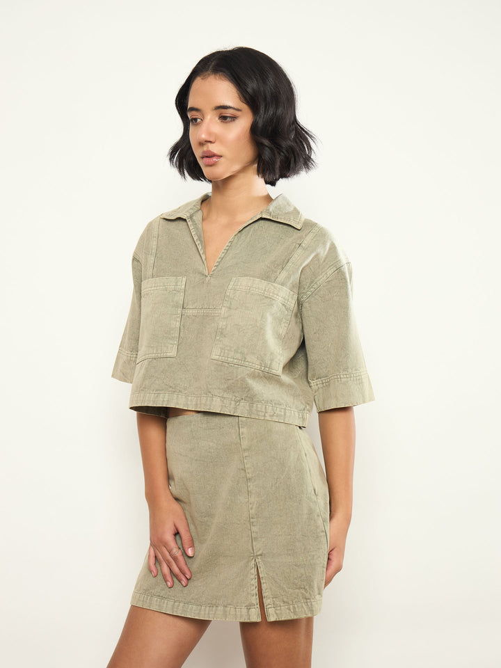 Women Olive Overdyed Patch Pocket Crop Top With Skorts