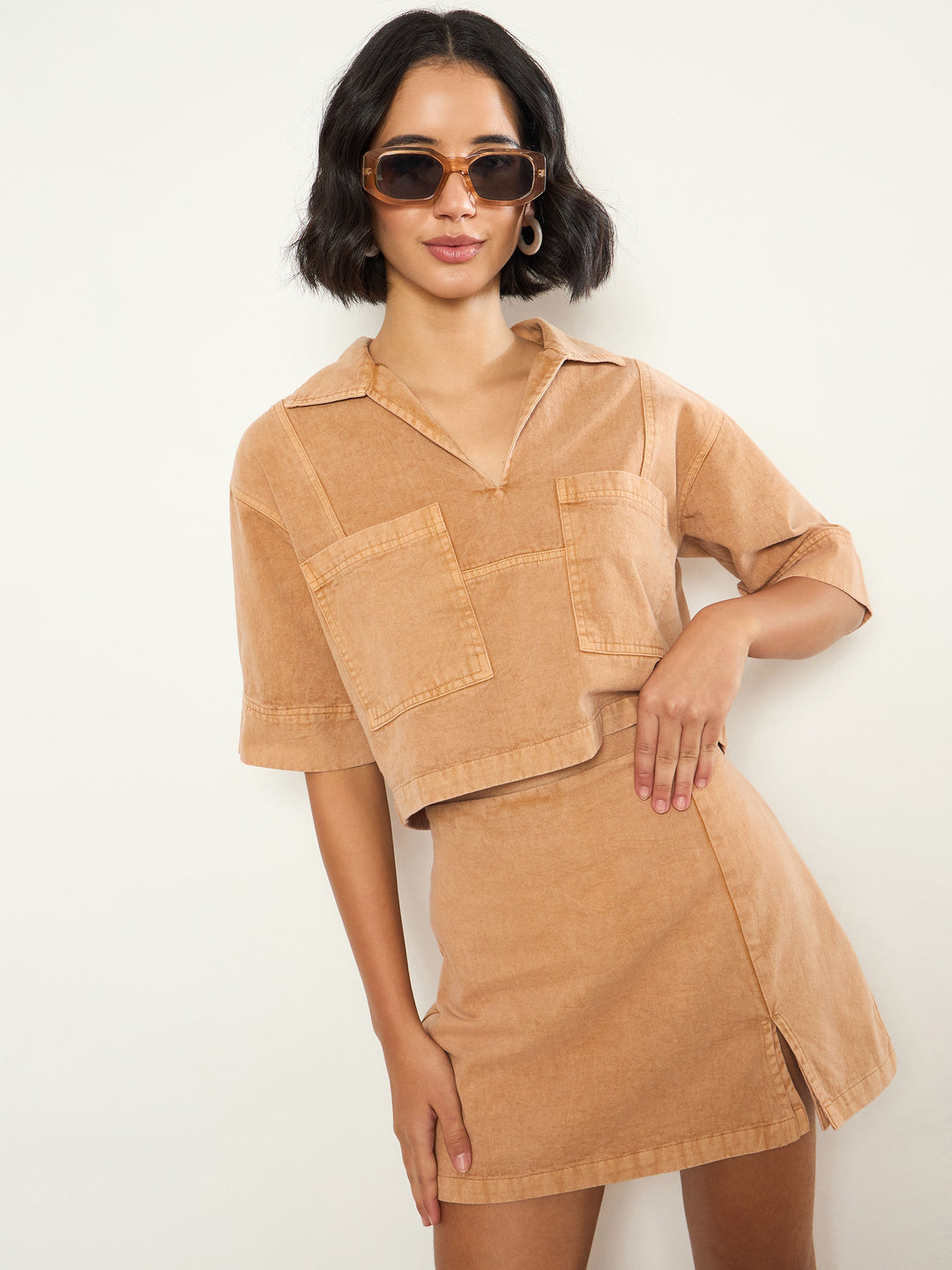 Women Beige Overdyed Patch Pocket Crop Top With Skorts