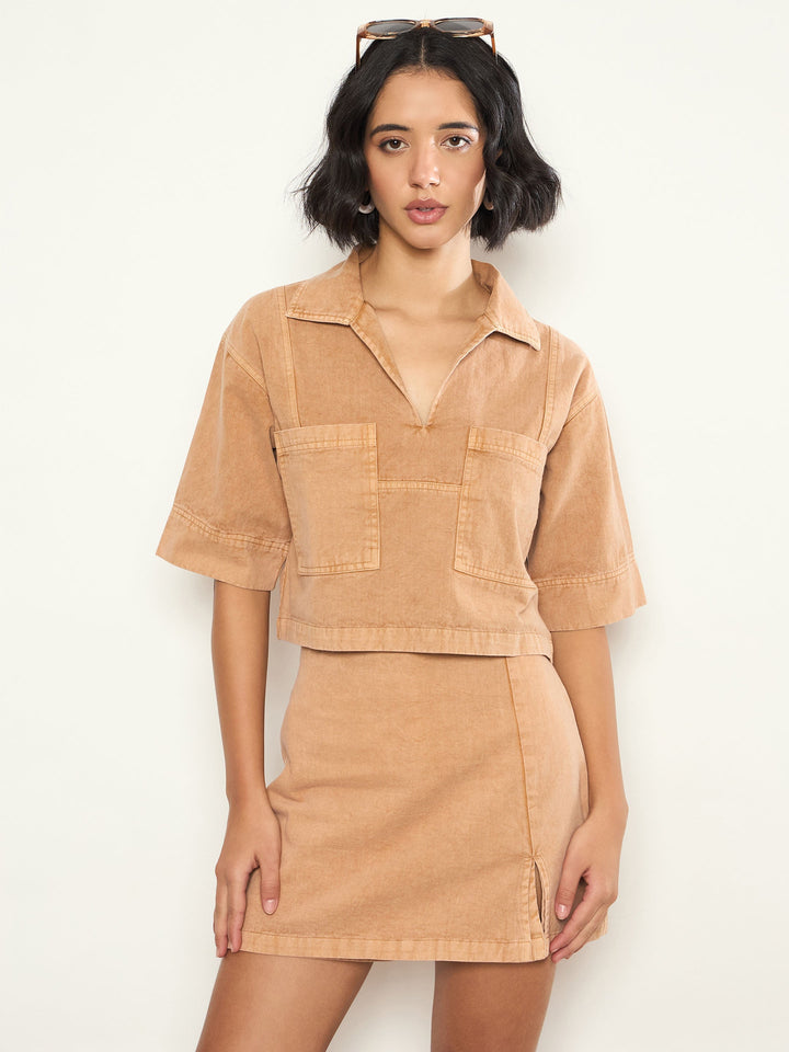 Women Beige Overdyed Patch Pocket Crop Top With Skorts