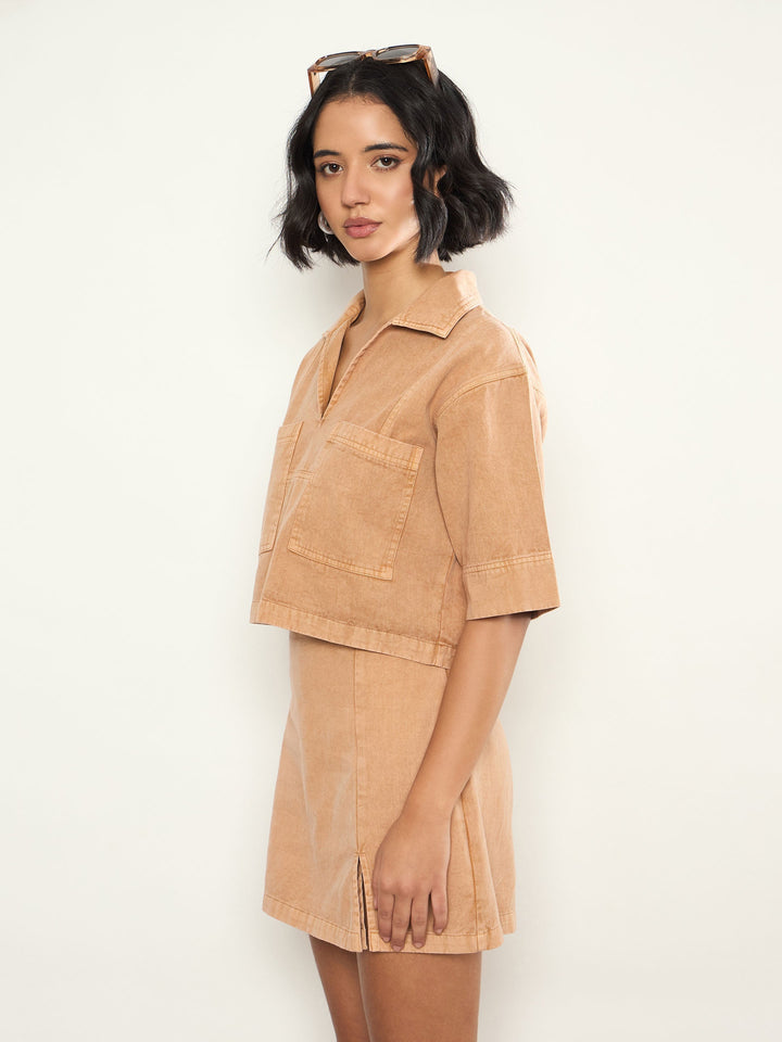 Women Beige Overdyed Patch Pocket Crop Top With Skorts