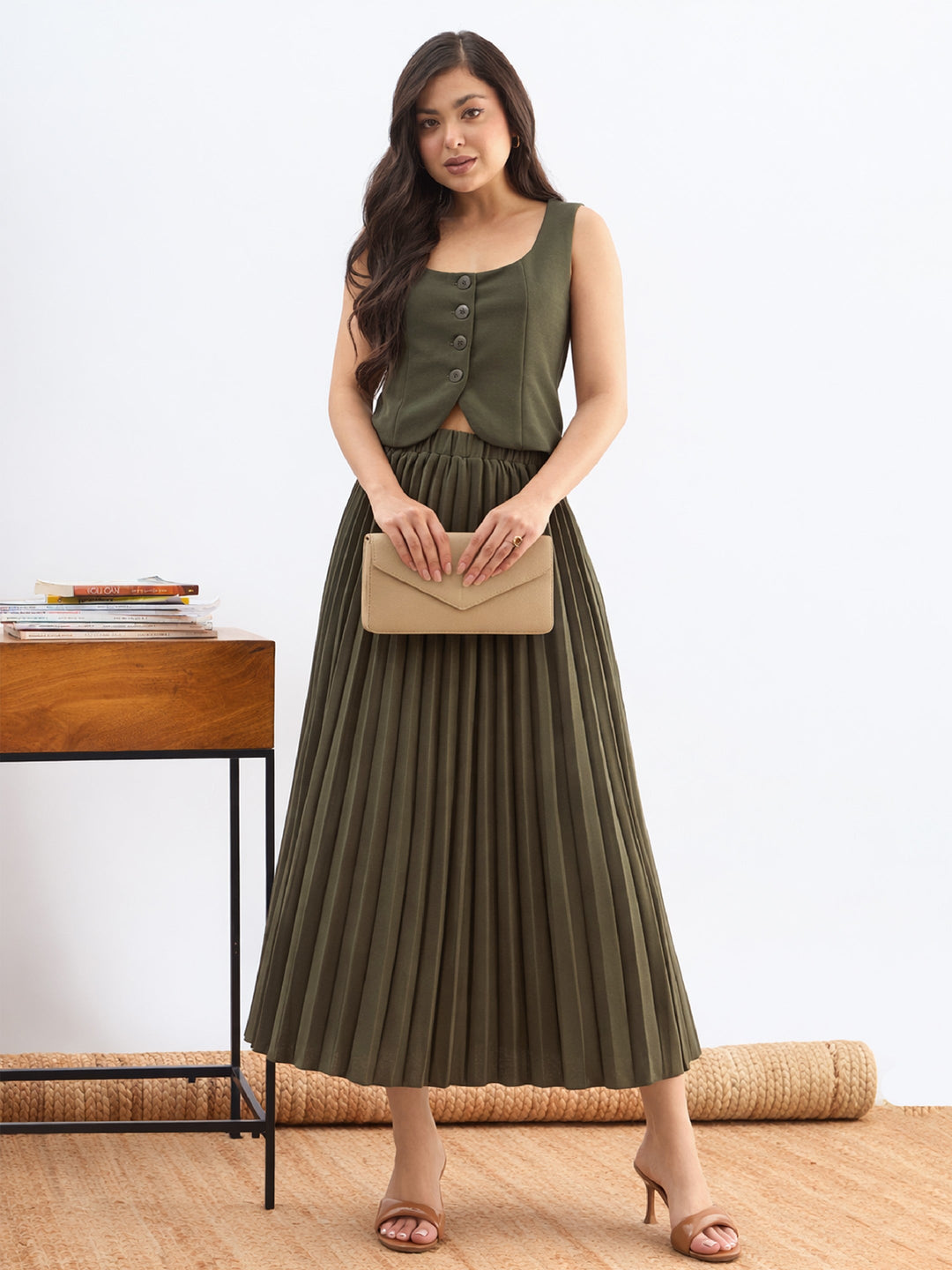 Women Olive Sleeveless Waistcoat With Midi Skirt