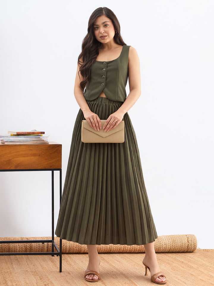 Women Olive Sleeveless Waistcoat With Midi Skirt
