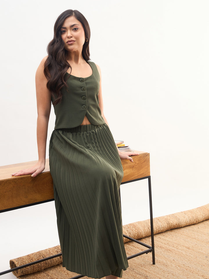 Women Olive Sleeveless Waistcoat With Midi Skirt