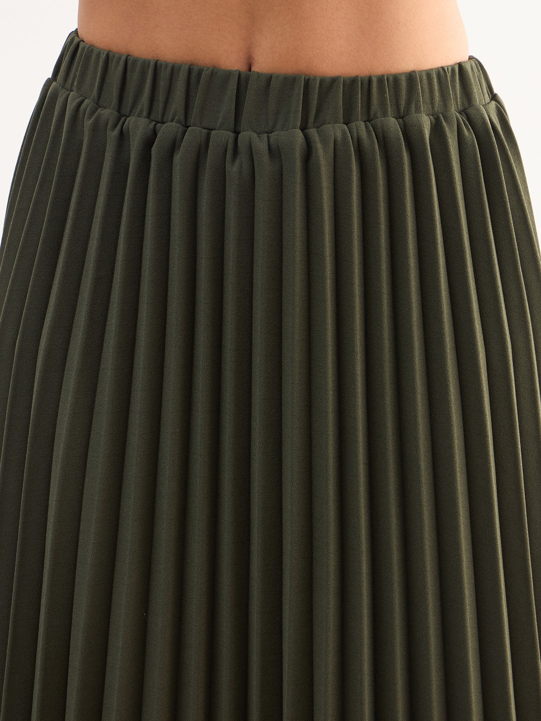 Women Olive Sleeveless Waistcoat With Midi Skirt