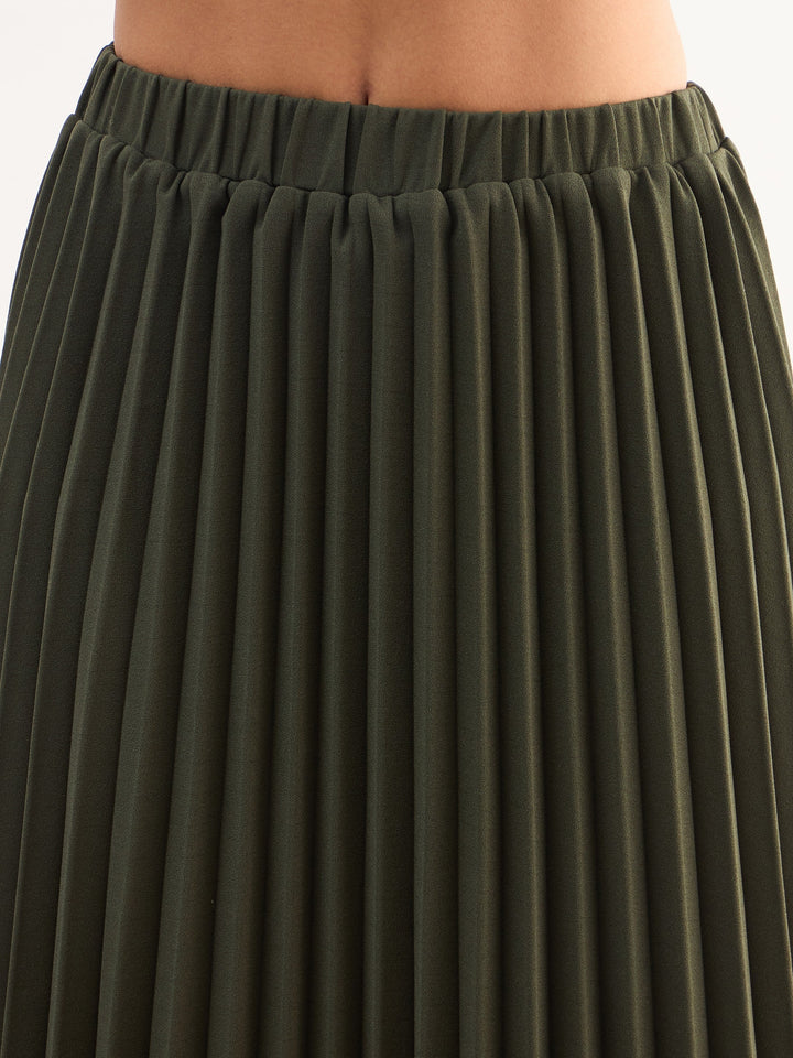 Women Olive Sleeveless Waistcoat With Midi Skirt