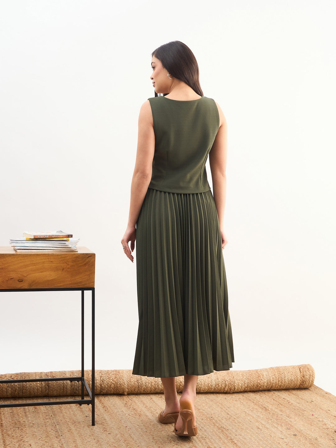 Women Olive Sleeveless Waistcoat With Midi Skirt