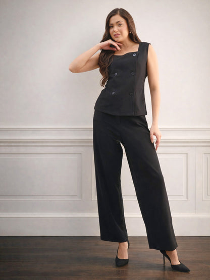 Black Sleeveless Button Top With Straight Pants