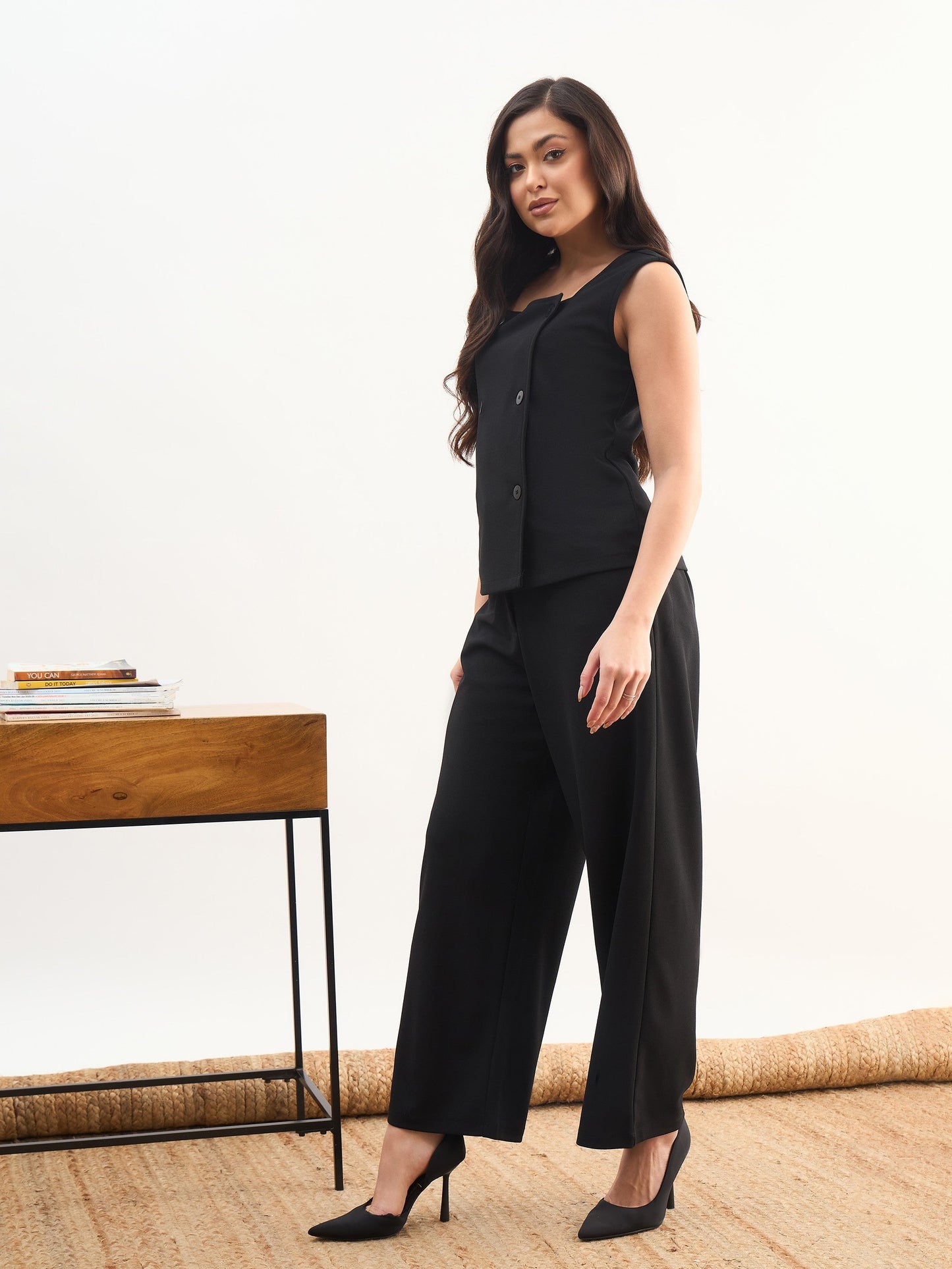 Black Sleeveless Button Top With Straight Pants