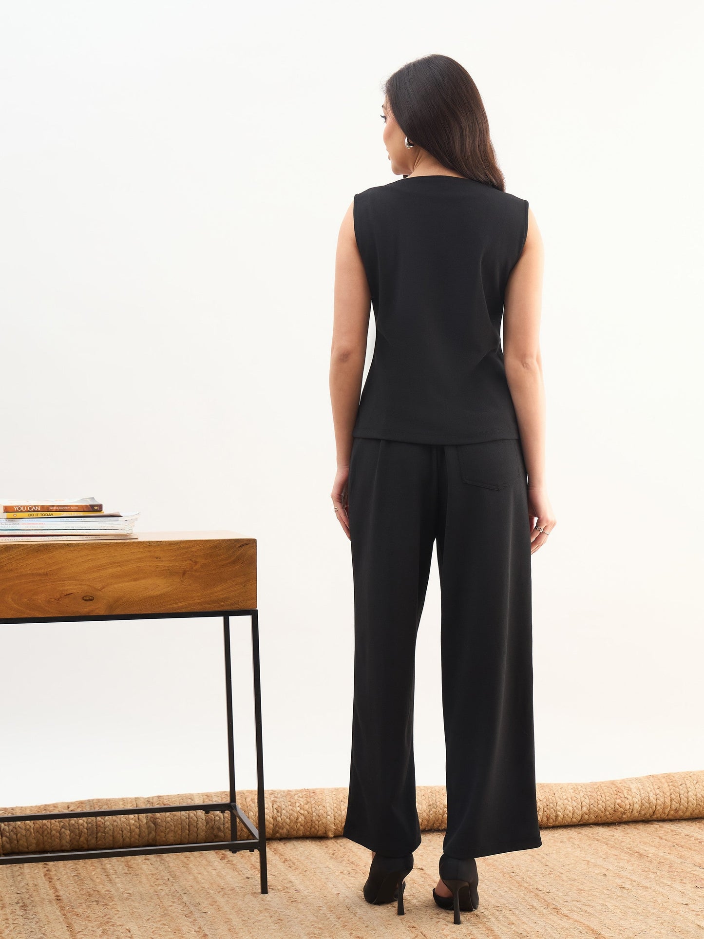 Black Sleeveless Button Top With Straight Pants