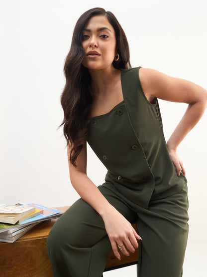 Olive Sleeveless Button Top With Straight Pants