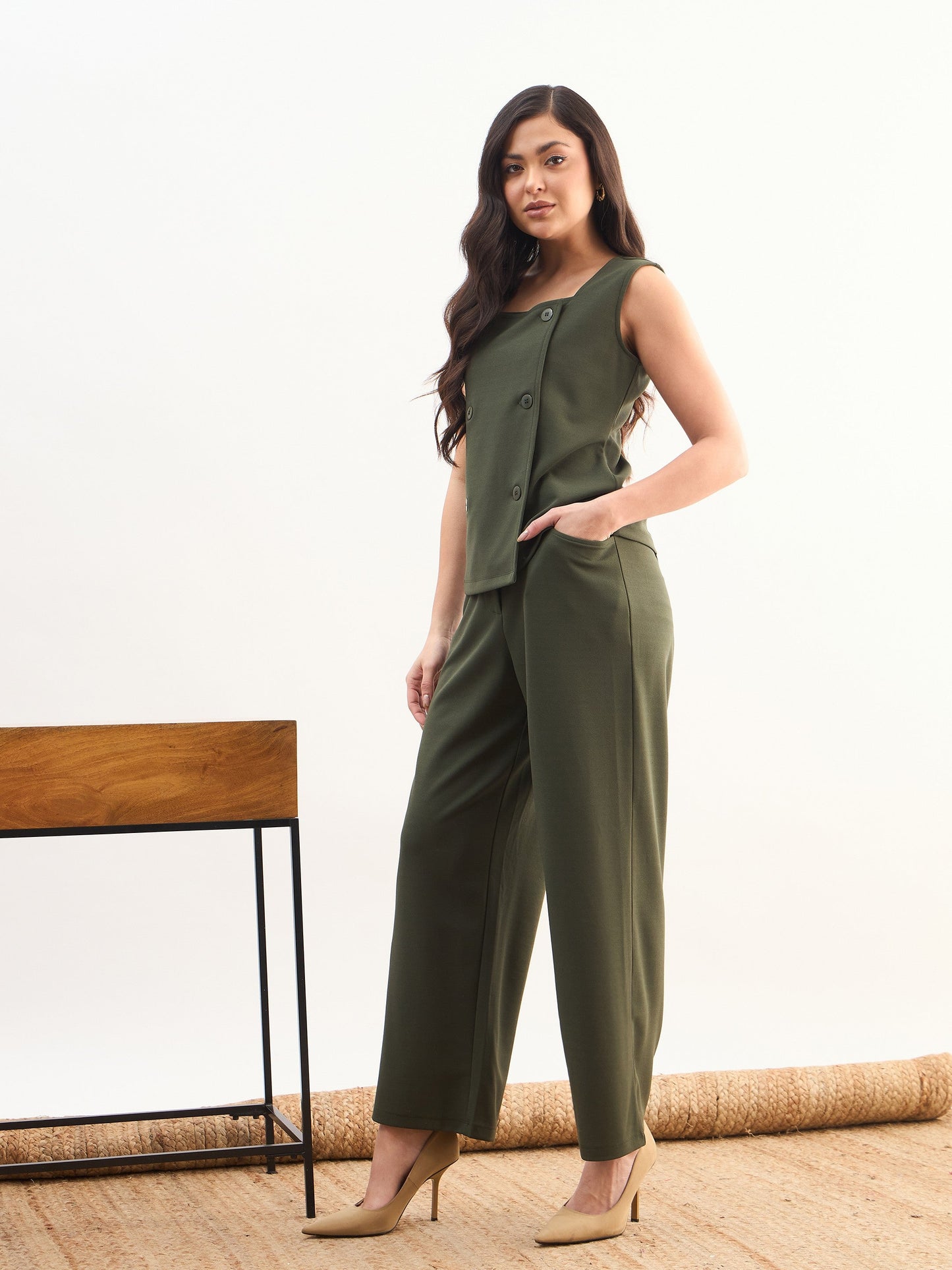 Olive Sleeveless Button Top With Straight Pants