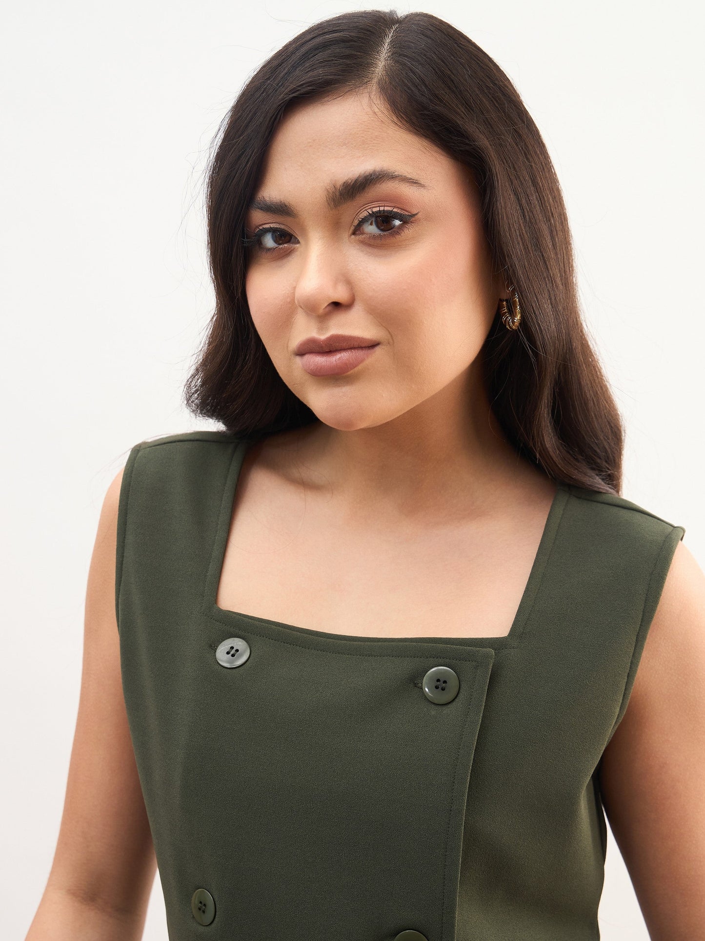 Olive Sleeveless Button Top With Straight Pants