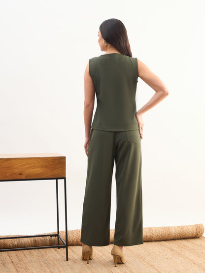 Olive Sleeveless Button Top With Straight Pants